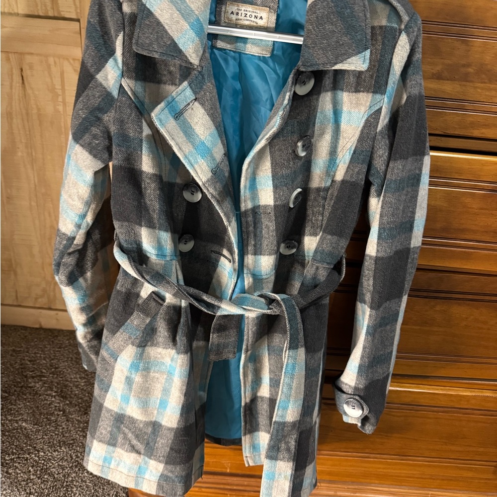 Arizona Jean Company Gray and Blue Trench Coat with Belted Waist